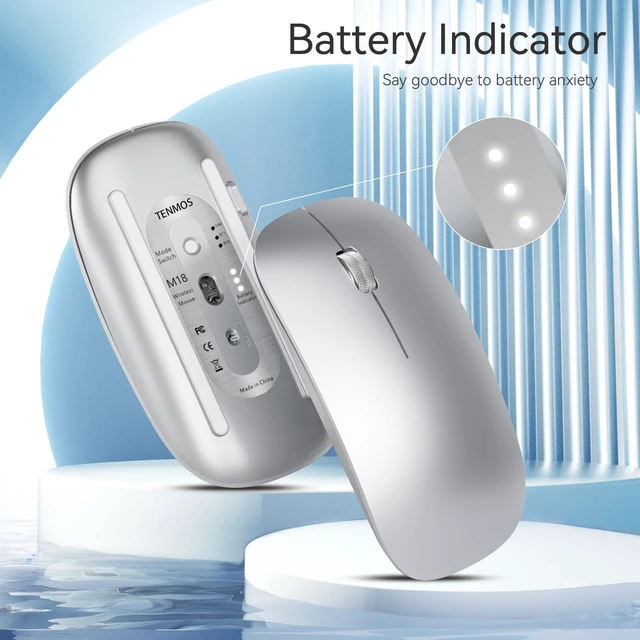 Alt view image 2 of 6 - M18 Bluetooth Mouse, USB C Rechargeable Wireless Mouse,Silent-Silver | Tri-Mode BT5.1/5.0+2.4G, Quiet Click, Portable, Battery Level Visible, USB Receiver,Type C Adapter, for Laptop/Macbook/iPad
