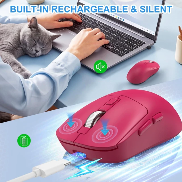 Alt view image 6 of 6 - Mouse Wireless Bluetooth Computer Mouse Mac Air Macbook Pro Wireless Mouse Rechargeable Bluetooth Mouse for Laptop iPad Silent Mouse with Jiggler Bluetooth 5.2/3.0 USB-A/C Receiver Flesh-Pink