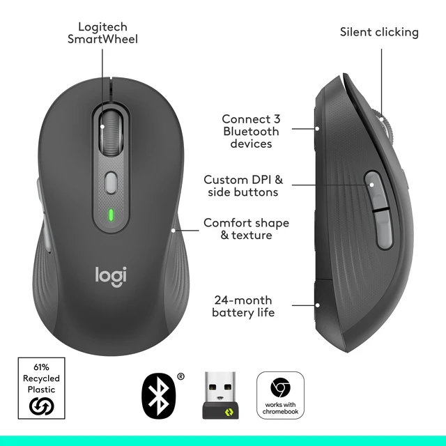 Alt view image 7 of 7 - Signature Plus M750 Wireless Mouse for Small to Medium Hands, SmartWheel, Bluetooth, Multi Device, 24-Month Battery, Silent Clicks, Customizable Side Buttons, Contoured Shape - Graphite