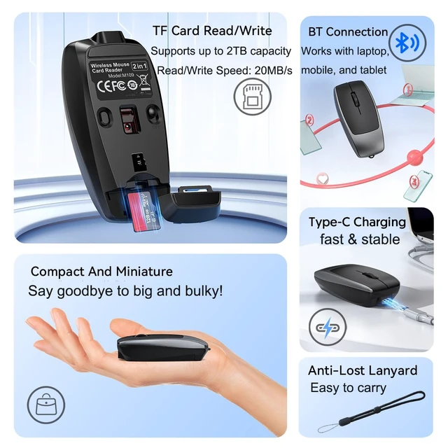 Alt view image 6 of 7 - Wireless Mouse Mini Small Finger Bluetooth Mouse with TF Card Reader,Silent Pocket Portable Handheld Tiny Compact USB Travel Optical Mice for PC Laptop Computer Macbook Tablet Kids Women Men Gift