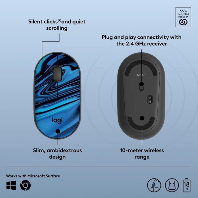 Alt view image 6 of 7 - M340 Compact Ambidextrous Silent Wireless Mouse - Blue Galaxy | Silent clicks, with 2.4 GHz USB-A Nano Receiver, 3 non-customizable buttons, 18-months battery, Windows Mac Chrome compatible