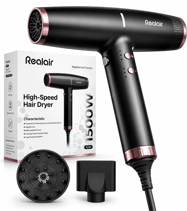 Main image of Professional Ionic Hair Dryer with Diffuser, High-Speed Blow Dryer | 200M Negative Ions, Lightweight Travel Blow Dryer with Diffuser, Intelligent Heat Control & Rapid Drying, Low-noise