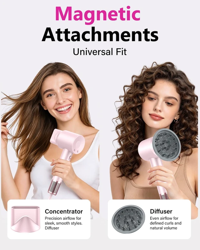 Alt view image 7 of 7 - 160,000 RPM High-Speed Ionic Hair Dryer with Diffuser, Pink | 500 Million Negative Ions, Heat Control, Low-Noise, Fast Drying, Reduces Frizz, Compact Size, Ideal for Travel
