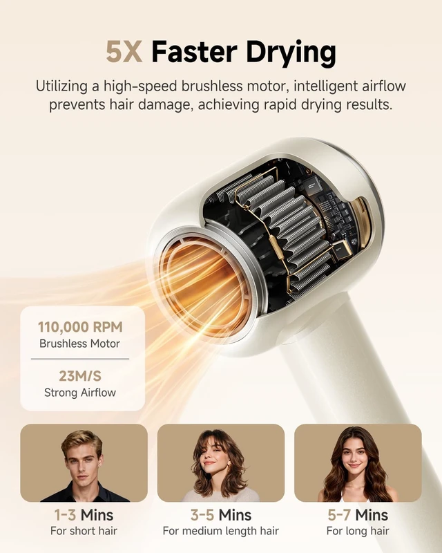 Alt view image 2 of 7 - High-Speed Hair Dryer with Diffuser, 110k RPM Ionic Blow Dryer | 200M Negative Ions, Intelligent Temperature Control, Low Noise Brushless Motor for Fast Drying, for All Hair Types