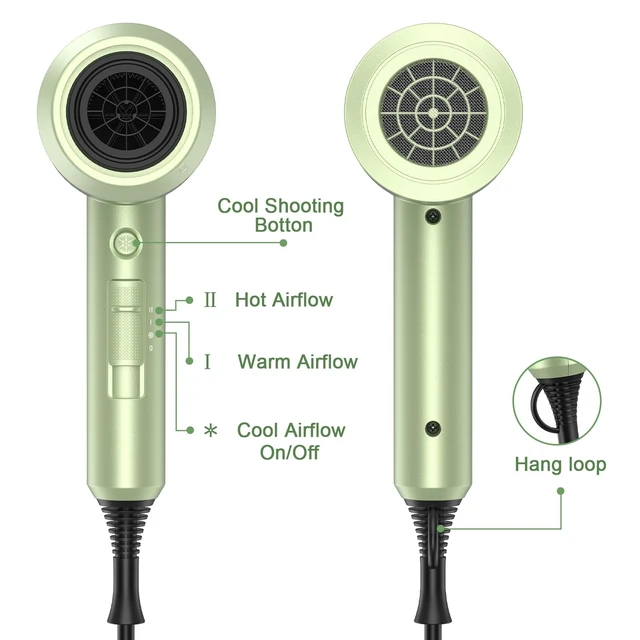 Alt view image 6 of 7 - Professional Ionic Hair Dryer, Lime Cream | 1800W Fast Drying, Low Noise, 2 Concentrator Nozzles, 1 Diffuser Attachment