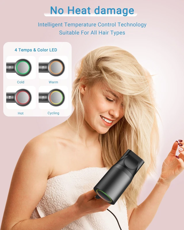 Alt view image 4 of 6 - Hair Dryer, 160000 RPM Professional High Speed Ionic Blow Dryer 500 Million Negative Ions Intelligent Heat Control & Rapid Drying Speeds Lightweight Low Noise, Magnetic Diffuser & Nozzle