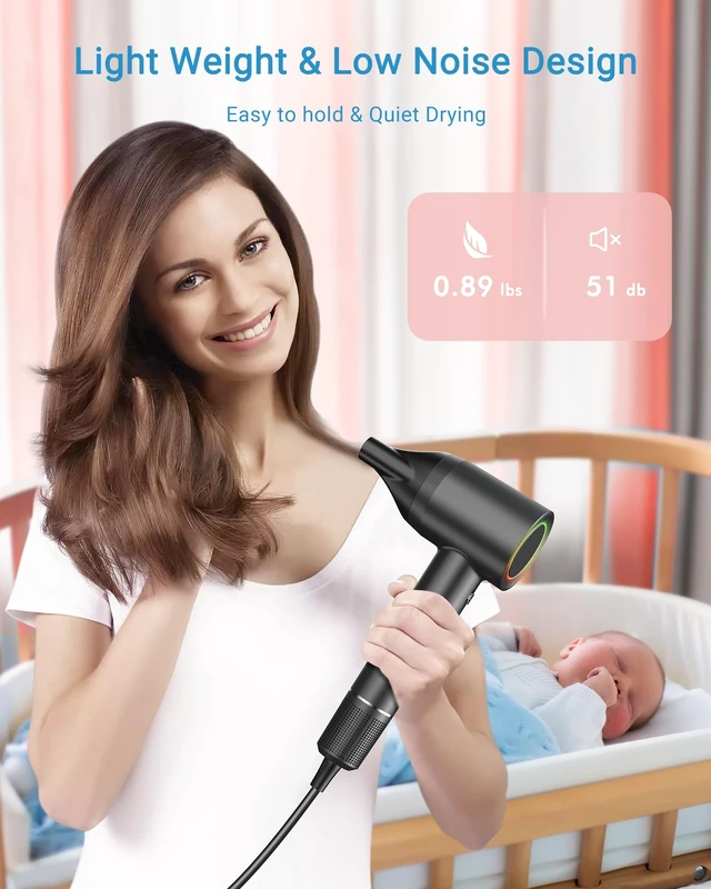 Alt view image 6 of 6 - Hair Dryer, 160000 RPM Professional High Speed Ionic Blow Dryer 500 Million Negative Ions Intelligent Heat Control & Rapid Drying Speeds Lightweight Low Noise, Magnetic Diffuser & Nozzle