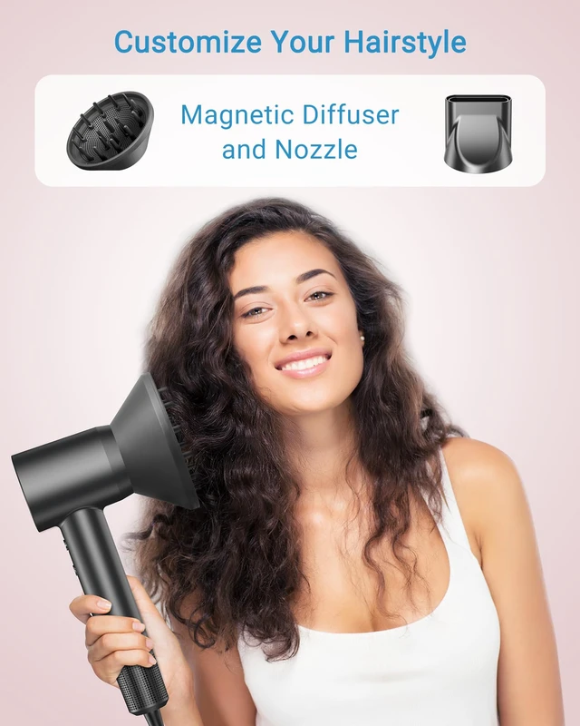 Alt view image 5 of 6 - Hair Dryer, 160000 RPM Professional High Speed Ionic Blow Dryer 500 Million Negative Ions Intelligent Heat Control & Rapid Drying Speeds Lightweight Low Noise, Magnetic Diffuser & Nozzle