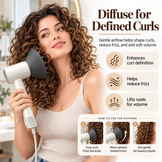 Alt view image 3 of 7 - Lightweight High-Speed Hair Dryer with Diffuser, 330g Body | Ionic airflow with magnetic concentrator, 2 air speeds and 4 heat modes for curly, wavy and straight hair