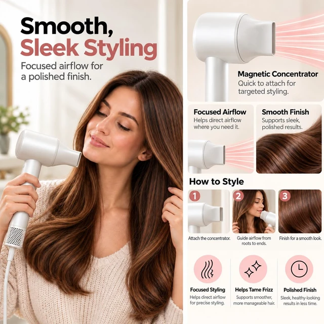 Alt view image 4 of 7 - Lightweight High-Speed Hair Dryer with Diffuser, 330g Body | Ionic airflow with magnetic concentrator, 2 air speeds and 4 heat modes for curly, wavy and straight hair