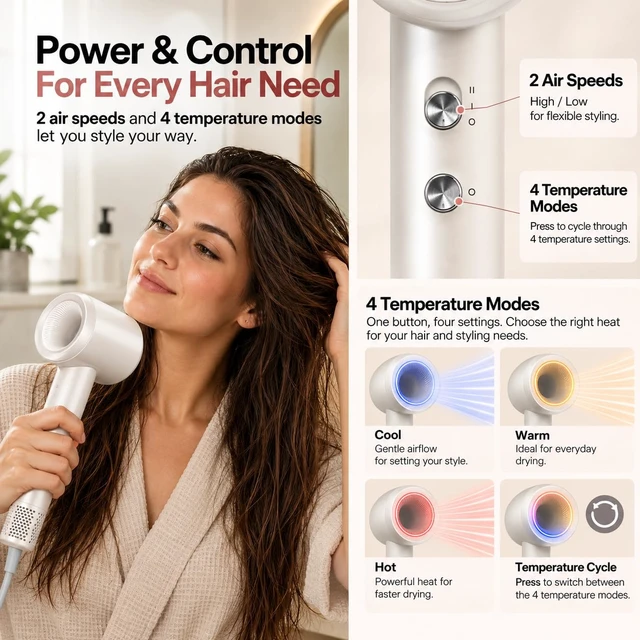 Alt view image 5 of 7 - Lightweight High-Speed Hair Dryer with Diffuser, 330g Body | Ionic airflow with magnetic concentrator, 2 air speeds and 4 heat modes for curly, wavy and straight hair