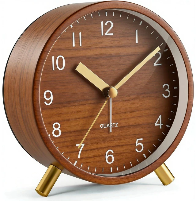 Main image of Analog Alarm Clock, Silent Non-Ticking with Night Light, Retro Fashionable Round Metal Alarm Clock for Office, Battery Operated, Bedroom, Elderly, Adults, Men Gifts Back to School,Wood-like Color