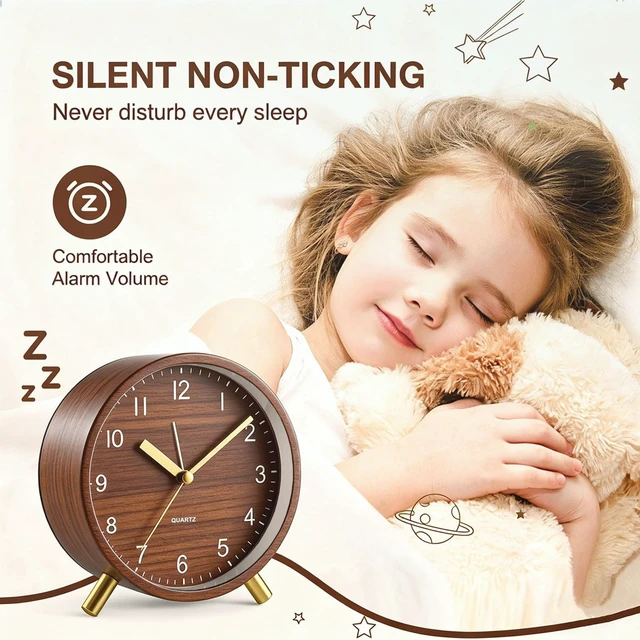 Alt view image 2 of 7 - Analog Alarm Clock, Silent Non-Ticking with Night Light, Retro Fashionable Round Metal Alarm Clock for Office, Battery Operated, Bedroom, Elderly, Adults, Men Gifts Back to School,Wood-like Color