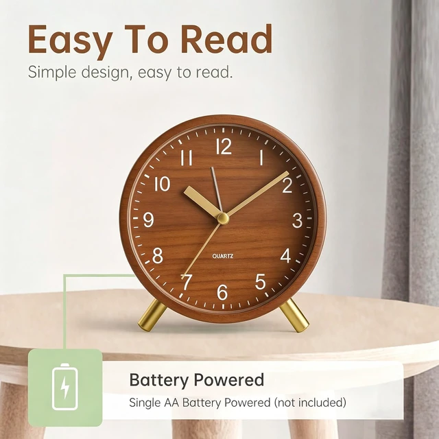 Alt view image 3 of 7 - Analog Alarm Clock, Silent Non-Ticking with Night Light, Retro Fashionable Round Metal Alarm Clock for Office, Battery Operated, Bedroom, Elderly, Adults, Men Gifts Back to School,Wood-like Color