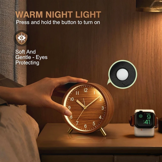 Alt view image 4 of 7 - Analog Alarm Clock, Silent Non-Ticking with Night Light, Retro Fashionable Round Metal Alarm Clock for Office, Battery Operated, Bedroom, Elderly, Adults, Men Gifts Back to School,Wood-like Color