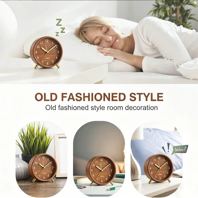 Alt view image 5 of 7 - Analog Alarm Clock, Silent Non-Ticking with Night Light, Retro Fashionable Round Metal Alarm Clock for Office, Battery Operated, Bedroom, Elderly, Adults, Men Gifts Back to School,Wood-like Color