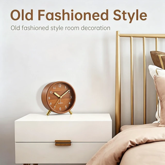 Alt view image 6 of 7 - Analog Alarm Clock, Silent Non-Ticking with Night Light, Retro Fashionable Round Metal Alarm Clock for Office, Battery Operated, Bedroom, Elderly, Adults, Men Gifts Back to School,Wood-like Color