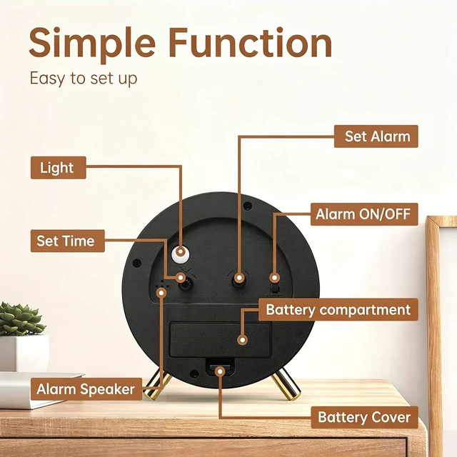 Alt view image 7 of 7 - Analog Alarm Clock, Silent Non-Ticking with Night Light, Retro Fashionable Round Metal Alarm Clock for Office, Battery Operated, Bedroom, Elderly, Adults, Men Gifts Back to School,Wood-like Color