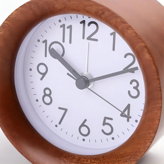 Alt view image 2 of 6 - Round Wooden Alarm Clock Analog Non Ticking Night Light Snooze | Silent Arabic Numerals Battery Operated for Desktop Bedroom Bedside Brown