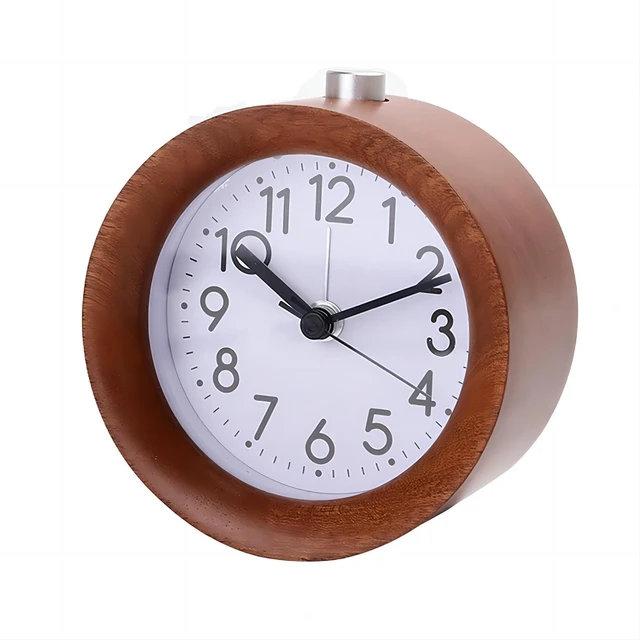 Main image of Round Wooden Alarm Clock Analog Non Ticking Night Light Snooze | Silent Arabic Numerals Battery Operated for Desktop Bedroom Bedside Brown