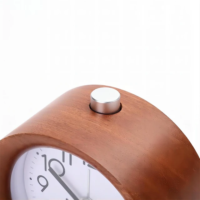 Alt view image 3 of 6 - Round Wooden Alarm Clock Analog Non Ticking Night Light Snooze | Silent Arabic Numerals Battery Operated for Desktop Bedroom Bedside Brown