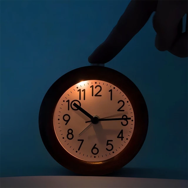 Alt view image 4 of 6 - Round Wooden Alarm Clock Analog Non Ticking Night Light Snooze | Silent Arabic Numerals Battery Operated for Desktop Bedroom Bedside Brown