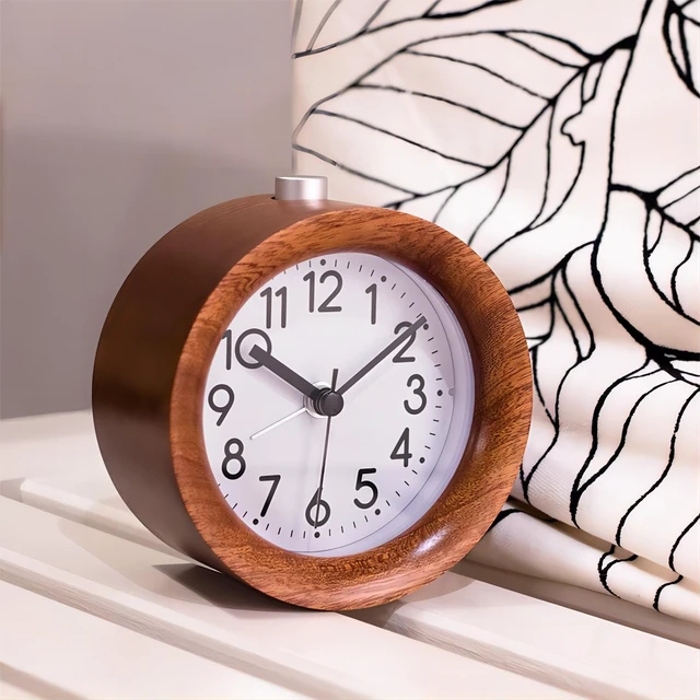 Alt view image 6 of 6 - Round Wooden Alarm Clock Analog Non Ticking Night Light Snooze | Silent Arabic Numerals Battery Operated for Desktop Bedroom Bedside Brown