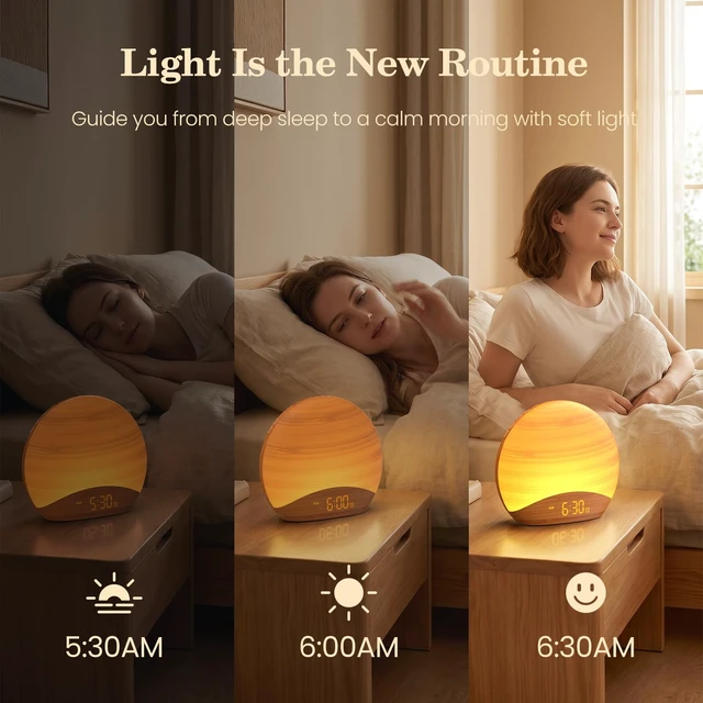 Alt view image 2 of 7 - Natural Wood Grain Sunrise Alarm Clock, Sound Machine & Night Light | Science-backed sleep sound, 0-100% Dimmable Clock, Night Light,Brown/Pink/White Noise Sound Machine for Babys, Kids, Adults