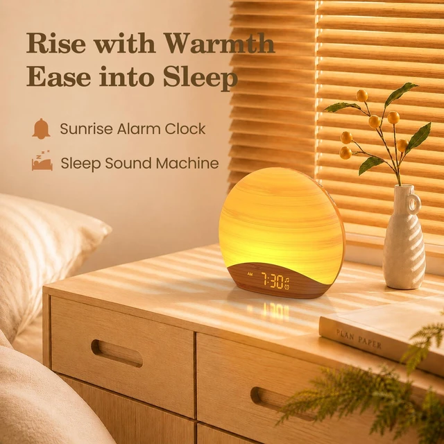 Alt view image 3 of 7 - Natural Wood Grain Sunrise Alarm Clock, Sound Machine & Night Light | Science-backed sleep sound, 0-100% Dimmable Clock, Night Light,Brown/Pink/White Noise Sound Machine for Babys, Kids, Adults