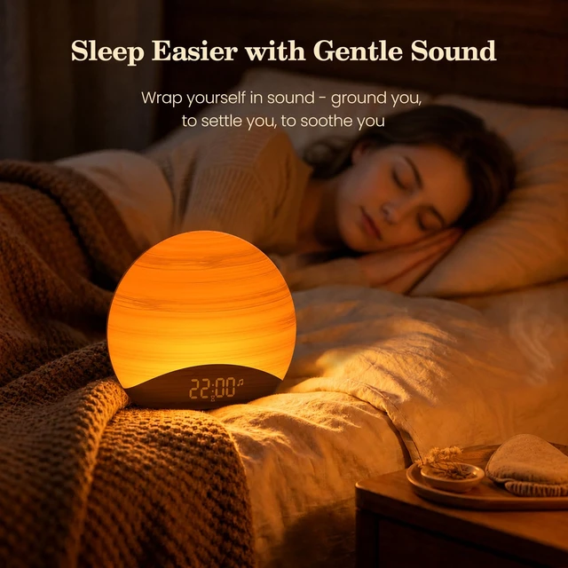 Alt view image 4 of 7 - Natural Wood Grain Sunrise Alarm Clock, Sound Machine & Night Light | Science-backed sleep sound, 0-100% Dimmable Clock, Night Light,Brown/Pink/White Noise Sound Machine for Babys, Kids, Adults