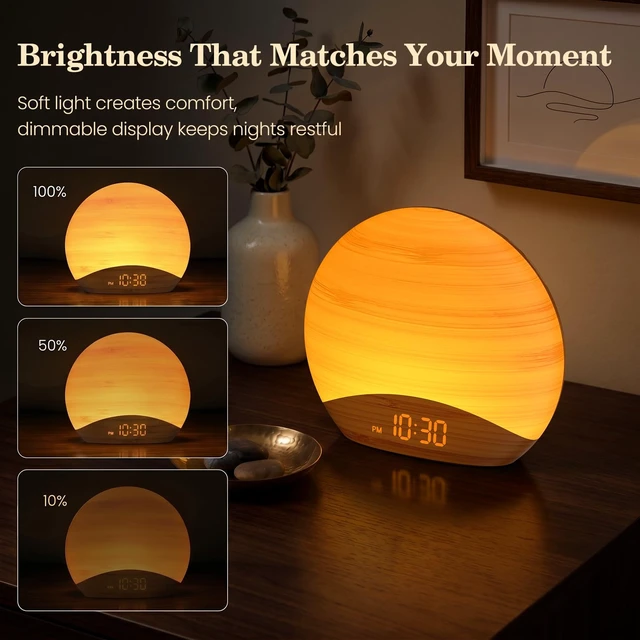 Alt view image 6 of 7 - Natural Wood Grain Sunrise Alarm Clock, Sound Machine & Night Light | Science-backed sleep sound, 0-100% Dimmable Clock, Night Light,Brown/Pink/White Noise Sound Machine for Babys, Kids, Adults
