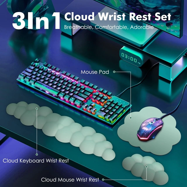 Alt view image 2 of 7 - Cloud Wrist Rest for Keyboard and Mouse with Mouse Pad, Green | Ergonomic Cloud Arm Keyboard Wrist Rest with Mouse Rest Wrist Pad, Durable Polyester, For Office, Gaming, Computer, Laptop