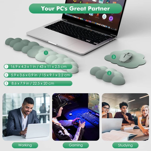 Alt view image 7 of 7 - Cloud Wrist Rest for Keyboard and Mouse with Mouse Pad, Green | Ergonomic Cloud Arm Keyboard Wrist Rest with Mouse Rest Wrist Pad, Durable Polyester, For Office, Gaming, Computer, Laptop