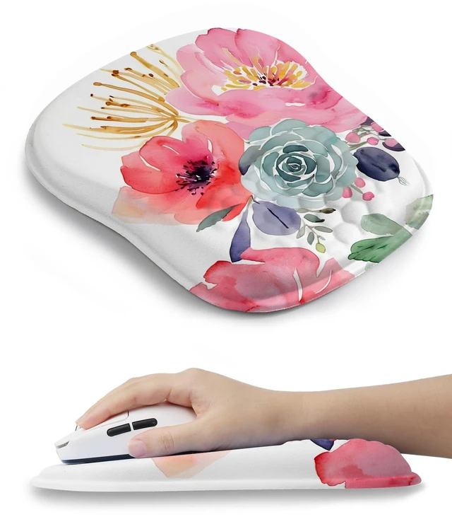 Main image of Watercolor Floral Ergonomic Mouse Pad with Wrist Rest, Non-Slip | Wrist Hugging Cushion, Desk Space-Saving, Memory Foam, For Long Hours of Computer Work, Comfort Support for Office/Home PC