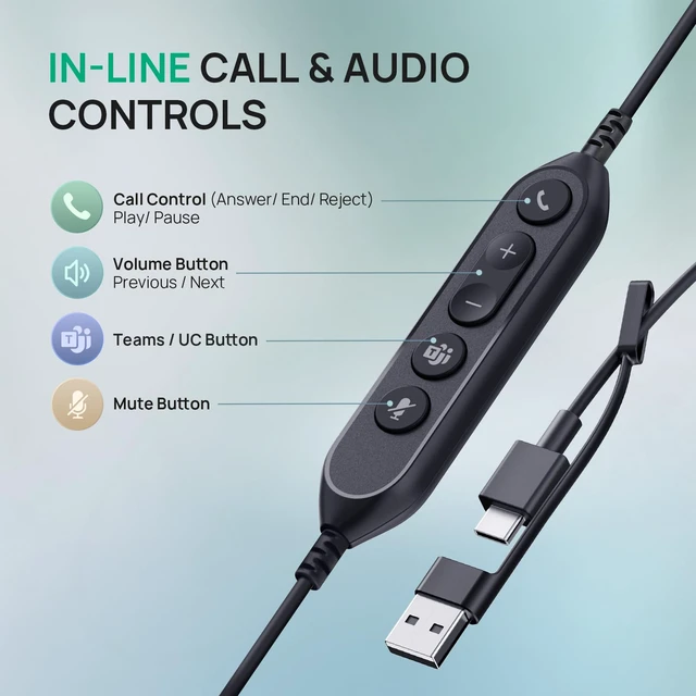 Alt view image 4 of 7 - UH42 Wired USB-C/A Headset, AI Noise Canceling Mic, in-line Control | Teams & Zoom Certified, Dual-ear Computer Headphones, Play & Plug for PC/Laptop/Phone,Call Center, Work from Home,7ft Cable