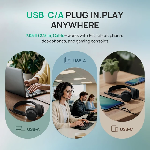 Alt view image 5 of 7 - UH42 Wired USB-C/A Headset, AI Noise Canceling Mic, in-line Control | Teams & Zoom Certified, Dual-ear Computer Headphones, Play & Plug for PC/Laptop/Phone,Call Center, Work from Home,7ft Cable