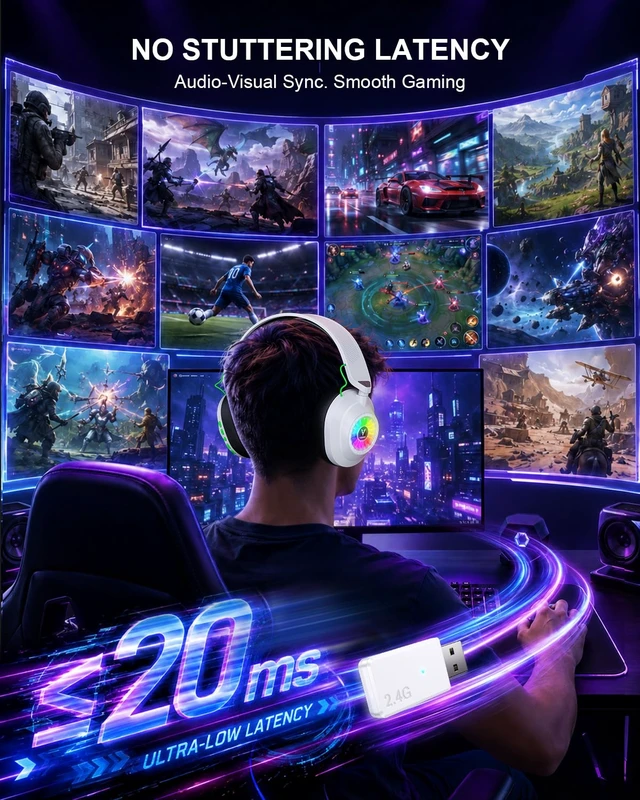 Alt view image 2 of 7 - Wireless Gaming Headset for PS5/PC-2.4GHz Bluetooth headsphones | 50H Battery, 250g Lightweight, 20ms Latency, RGB Lighting, Multipoint Pairing, Passive Noise Cancellation, 50mm Drivers