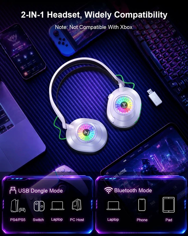 Alt view image 3 of 7 - Wireless Gaming Headset for PS5/PC-2.4GHz Bluetooth headsphones | 50H Battery, 250g Lightweight, 20ms Latency, RGB Lighting, Multipoint Pairing, Passive Noise Cancellation, 50mm Drivers