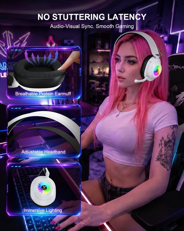 Alt view image 6 of 7 - Wireless Gaming Headset for PS5/PC-2.4GHz Bluetooth headsphones | 50H Battery, 250g Lightweight, 20ms Latency, RGB Lighting, Multipoint Pairing, Passive Noise Cancellation, 50mm Drivers
