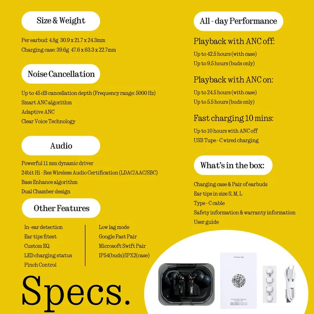 Alt view image 5 of 5 - Ear (a) Wireless Earbuds, 45dB Hybrid Noise Cancelling Earbuds, Hi-Res Audio, Advanced Equaliser, Dual Connect, 6 Mics, 42.5H Playtime Ear Buds Wireless Bluetooth, Black