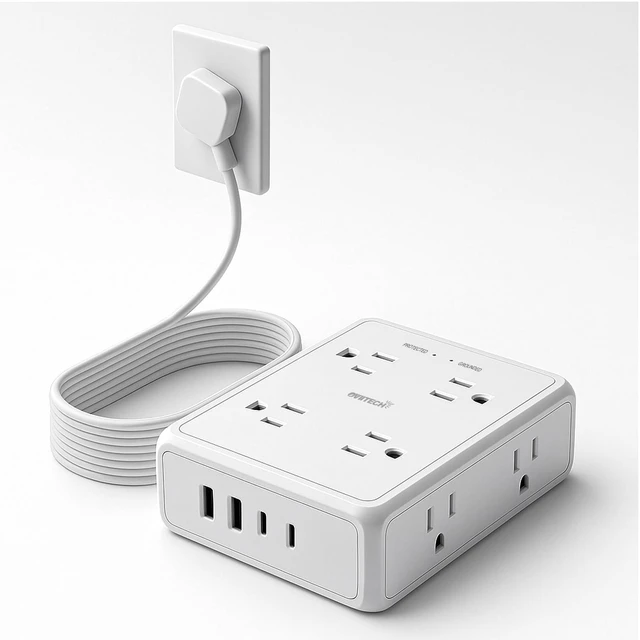 Main image of 1350J Surge Protector Power Strip 6Ft Flat Extension Cord, White | 8 Outlets 4USB Ports, Ideal for Office, Home