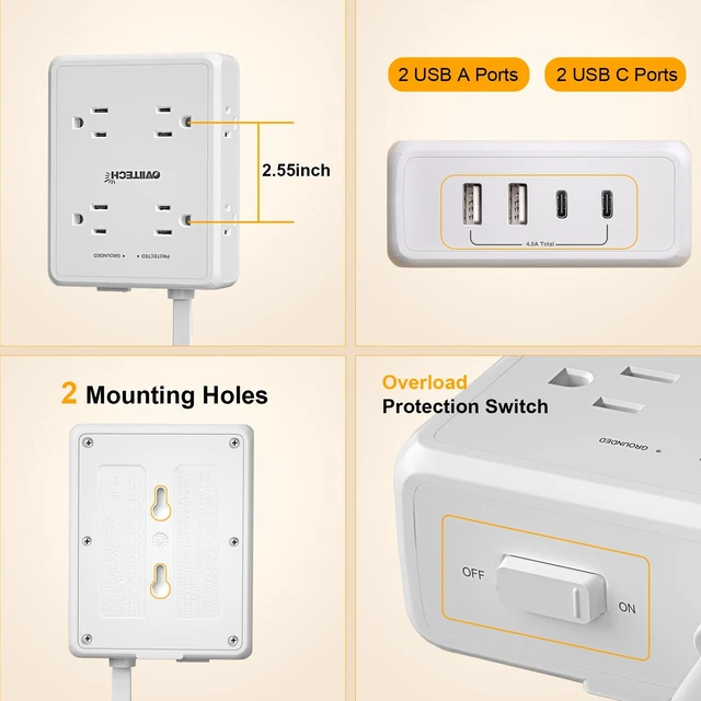 Alt view image 3 of 7 - 1350J Surge Protector Power Strip 6Ft Flat Extension Cord, White | 8 Outlets 4USB Ports, Ideal for Office, Home