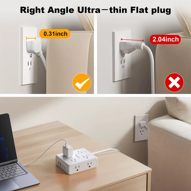Alt view image 4 of 7 - 1350J Surge Protector Power Strip 6Ft Flat Extension Cord, White | 8 Outlets 4USB Ports, Ideal for Office, Home