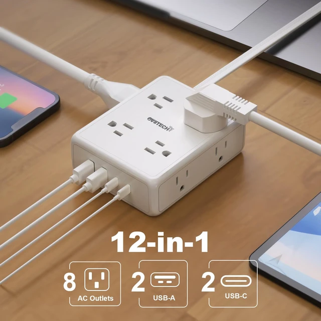 Alt view image 2 of 7 - 1350J Surge Protector Power Strip 6Ft Flat Extension Cord, White | 8 Outlets 4USB Ports, Ideal for Office, Home