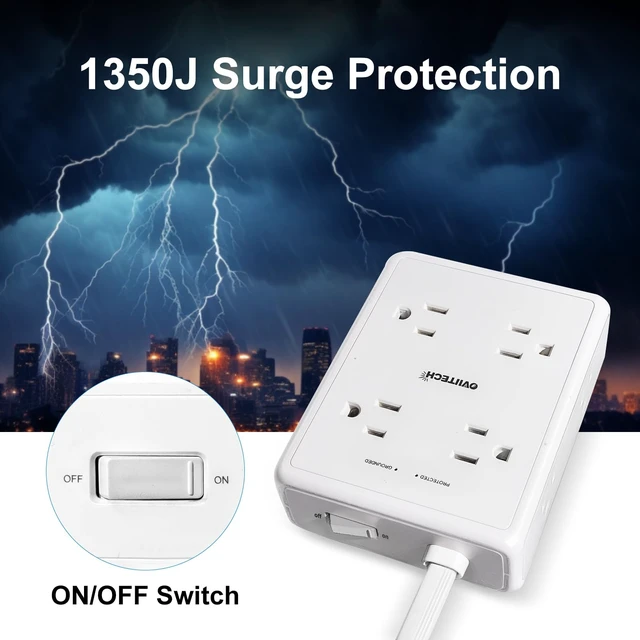 Alt view image 7 of 7 - 1350J Surge Protector Power Strip 6Ft Flat Extension Cord, White | 8 Outlets 4USB Ports, Ideal for Office, Home