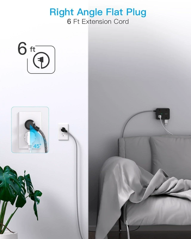 Alt view image 7 of 7 - 6Ft Surge Protector Power Strip USB C, 1080J, 8 Outlet Extender | Extension Cord with Multiple Outlets, 4 USB Ports(2 USB C), Flat Plug, Wall Mount, Home Dorm Room Essentials, ETL Listed