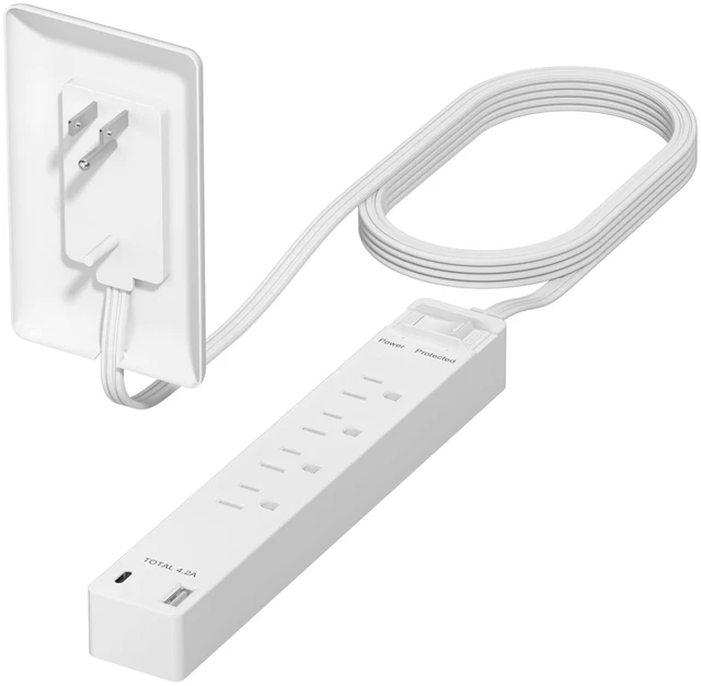 Main image of Surge Protected Outlet Extender, 1 USB-A & 1 USB-C, 5ft Cord, 1625W | ETL Listed, Matte White, 4-Outlet Power Strip, Protector 1500J, Wall Plate Plug With Cord Extender, Flat-Face