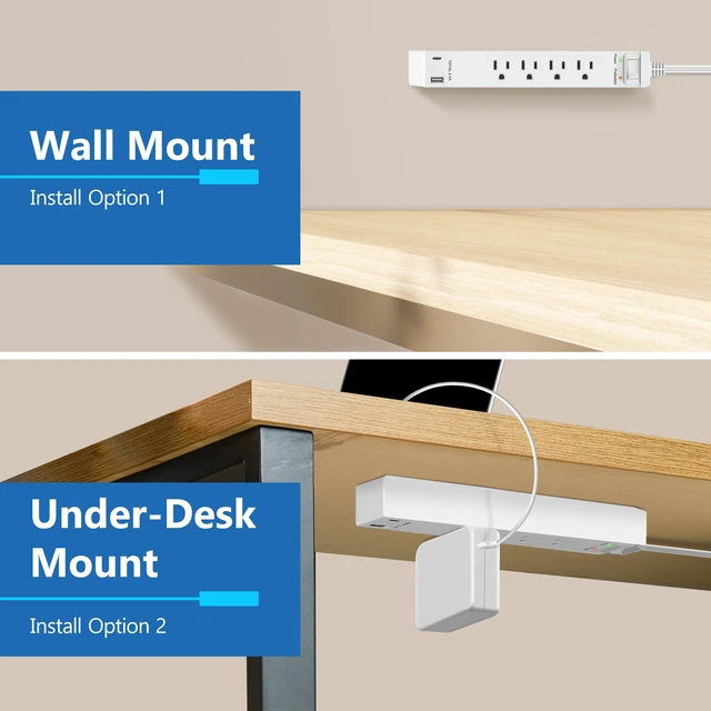 Alt view image 6 of 7 - Surge Protected Outlet Extender, 1 USB-A & 1 USB-C, 5ft Cord, 1625W | ETL Listed, Matte White, 4-Outlet Power Strip, Protector 1500J, Wall Plate Plug With Cord Extender, Flat-Face