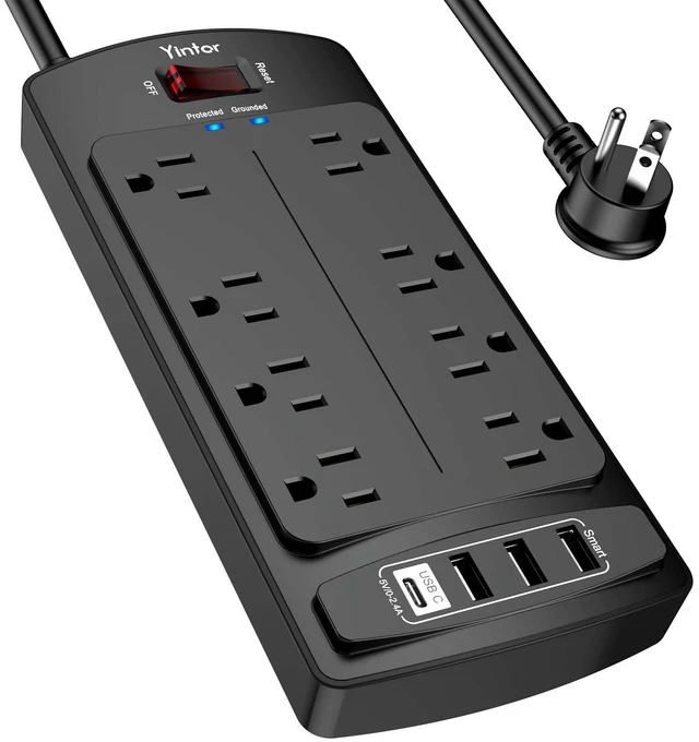 Main image of 6Ft Surge Protector Power Strip with 8 Outlets and 4 USB Ports | 6 Feet Flat Plug Extension Cord with Multiple Outlets for Home, Office, Dorm Essentials, 2700 Joules, ETL, Black