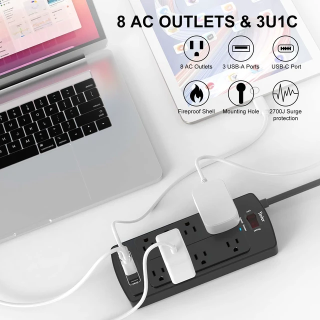 Alt view image 2 of 7 - 6Ft Surge Protector Power Strip with 8 Outlets and 4 USB Ports | 6 Feet Flat Plug Extension Cord with Multiple Outlets for Home, Office, Dorm Essentials, 2700 Joules, ETL, Black
